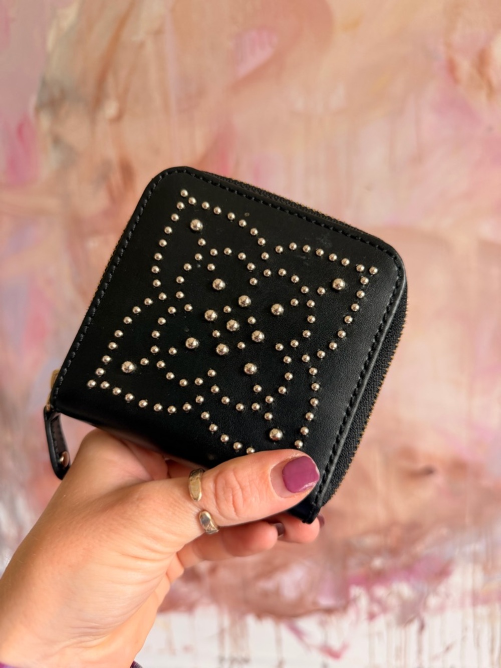 Black Studded Zip Wallet - Women's Compact Leather Wallet